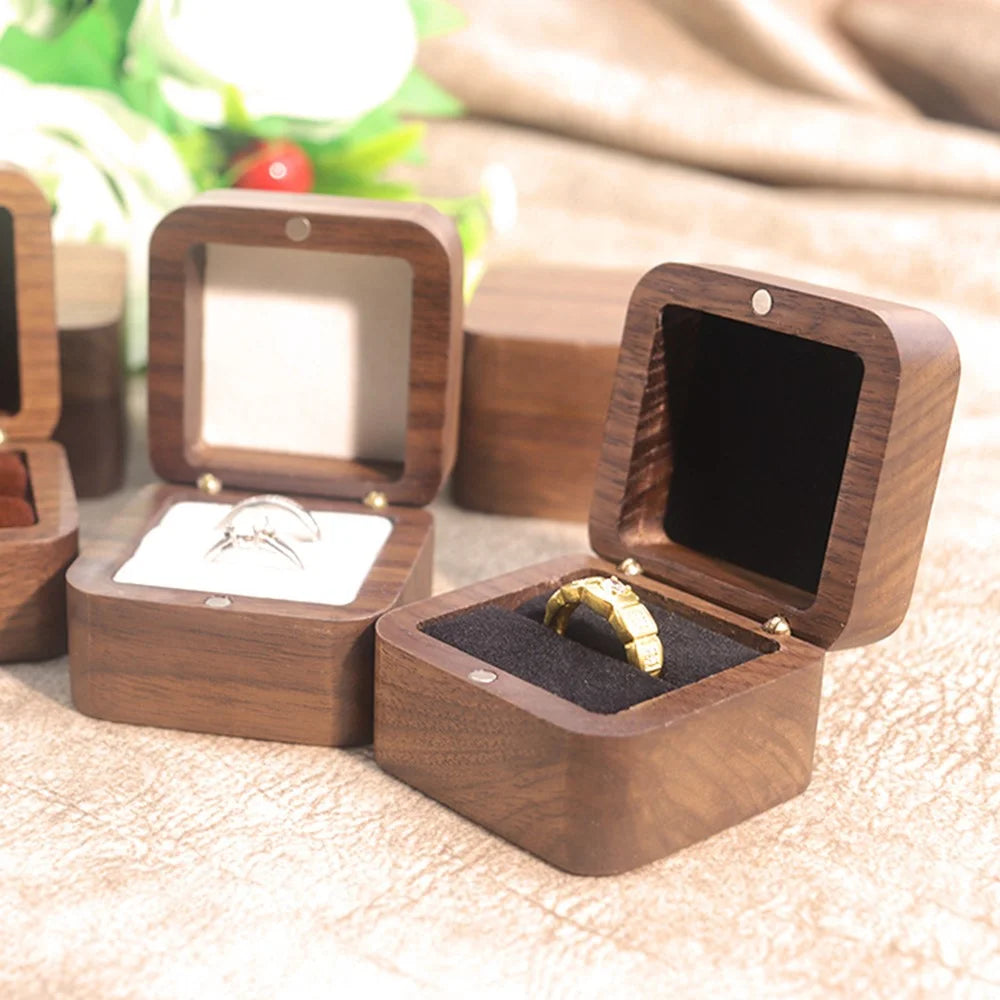 55mm Square Wood Ring Box Black Walnut Proposal Engagement Wedding Jewelry Gift Storage Case with Soft Lining - Black / Single Ring - 6