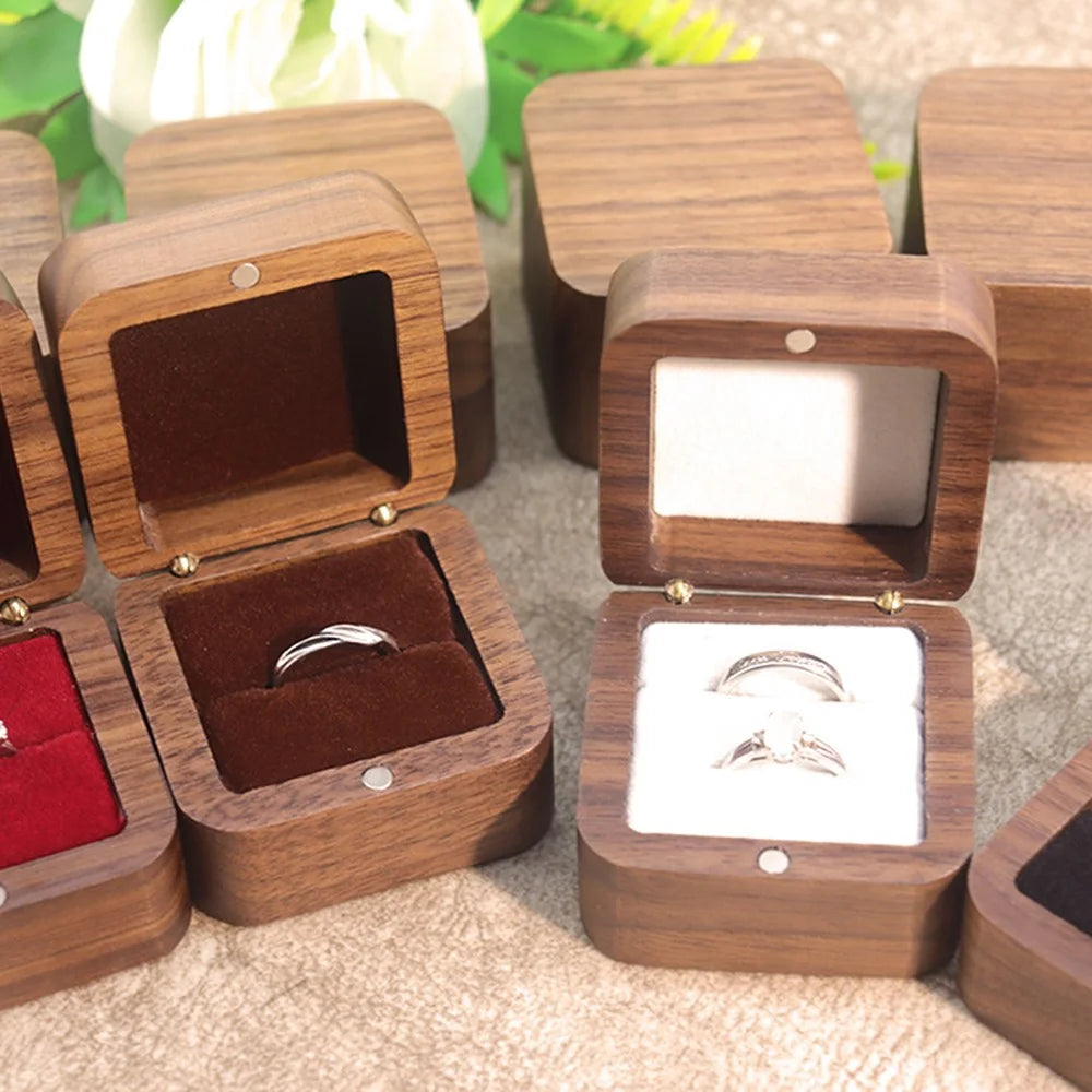 55mm Square Wood Ring Box Black Walnut Proposal Engagement Wedding Jewelry Gift Storage Case with Soft Lining - Black / Single Ring - 7