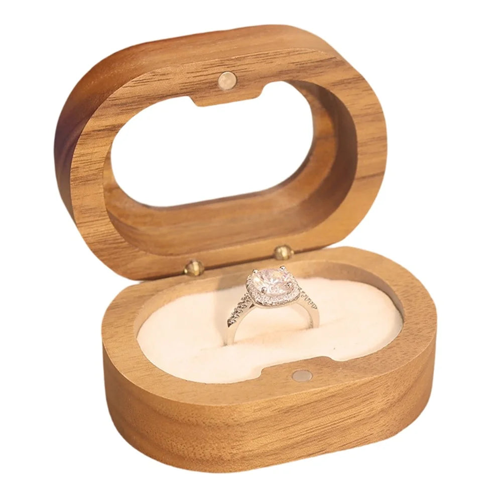 Solid Wood Walnut Ring Box Jewelry Storage Oval Transparent Window Proposal Wedding Ring Case - Beige  /  Single Ring - 1
