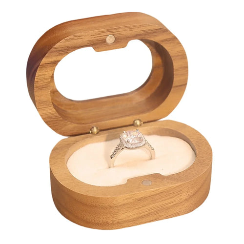 Solid Wood Walnut Ring Box Jewelry Storage Oval Transparent Window Proposal Wedding Ring Case - Beige  /  Single Ring - 1