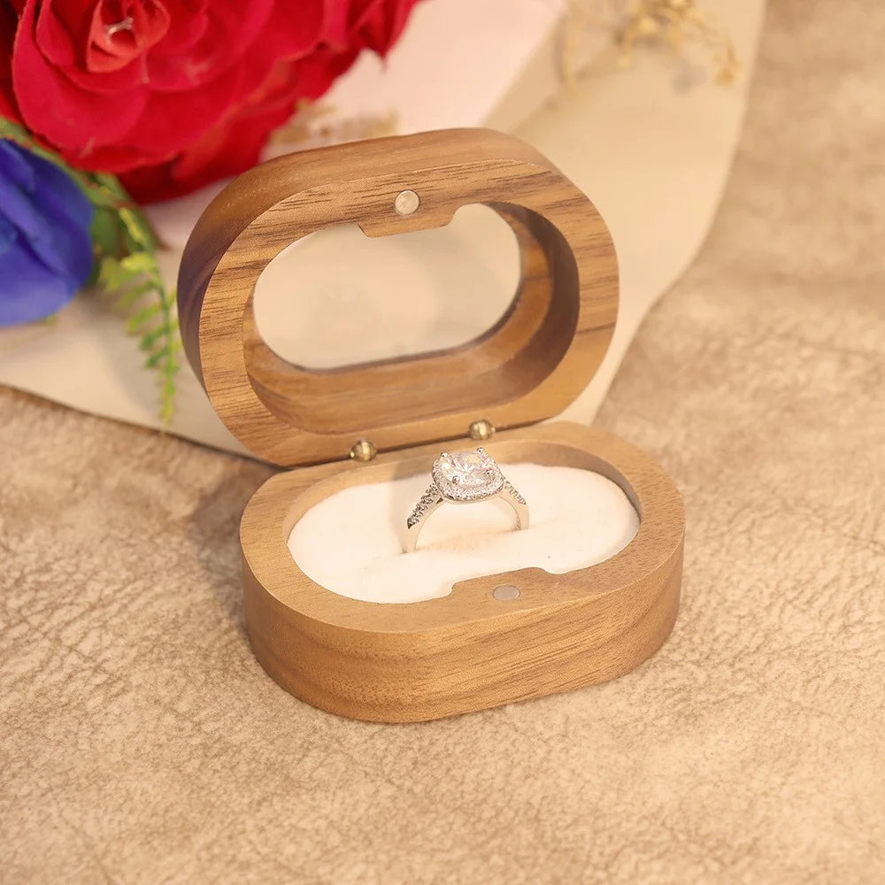 Solid Wood Walnut Ring Box Jewelry Storage Oval Transparent Window Proposal Wedding Ring Case - Beige  /  Single Ring - 2