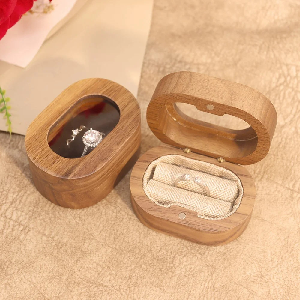 Solid Wood Walnut Ring Box Jewelry Storage Oval Transparent Window Proposal Wedding Ring Case - Beige  /  Single Ring - 3