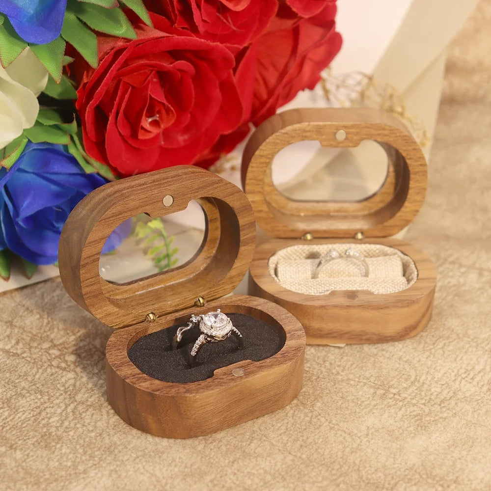 Solid Wood Walnut Ring Box Jewelry Storage Oval Transparent Window Proposal Wedding Ring Case - Beige  /  Single Ring - 4