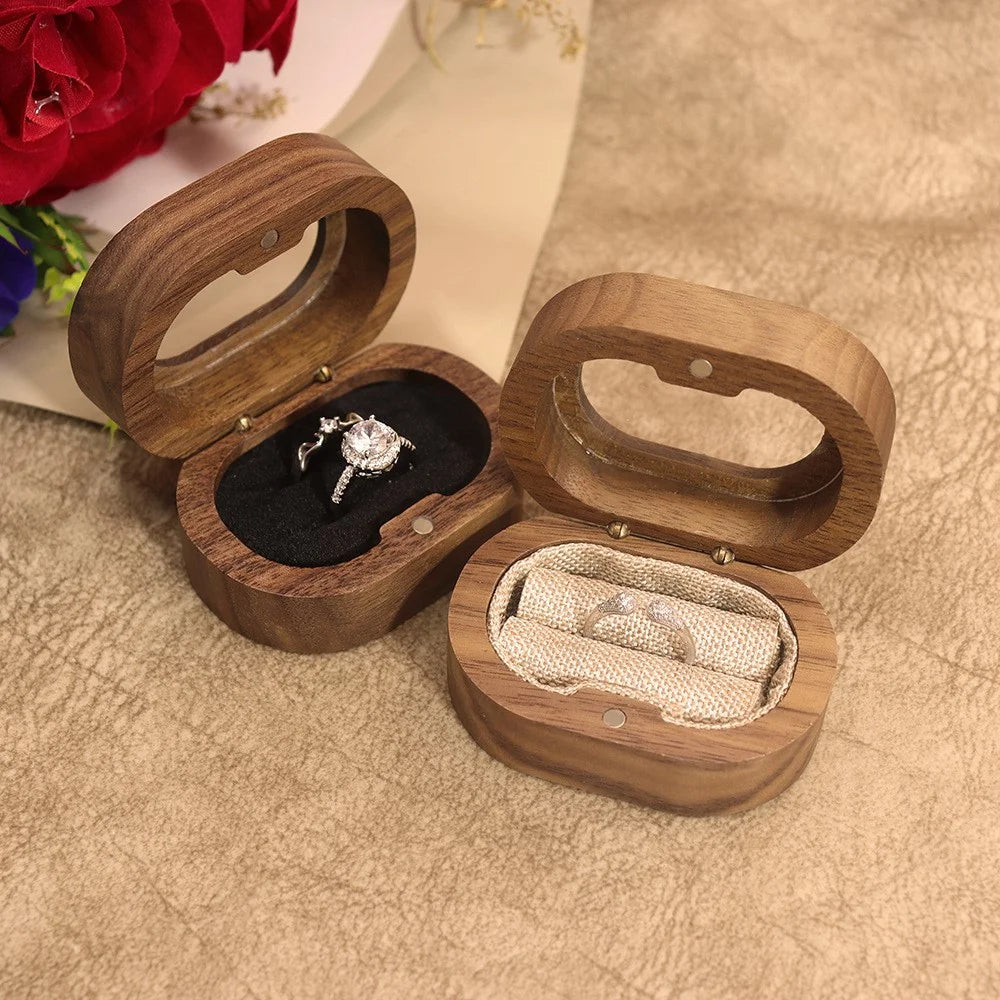 Solid Wood Walnut Ring Box Jewelry Storage Oval Transparent Window Proposal Wedding Ring Case - Beige  /  Single Ring - 5