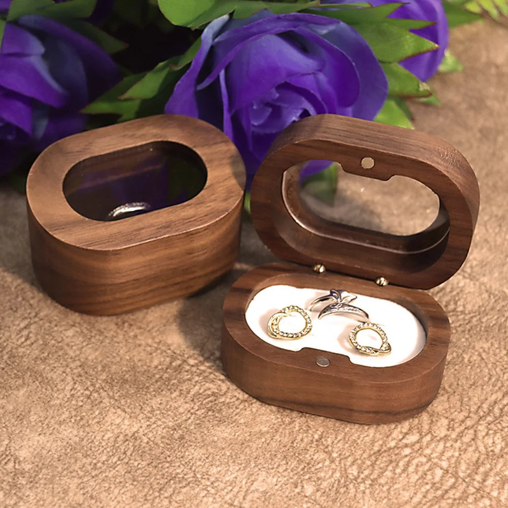 Solid Wood Walnut Ring Box Jewelry Storage Oval Transparent Window Proposal Wedding Ring Case - Beige  /  Single Ring - 6