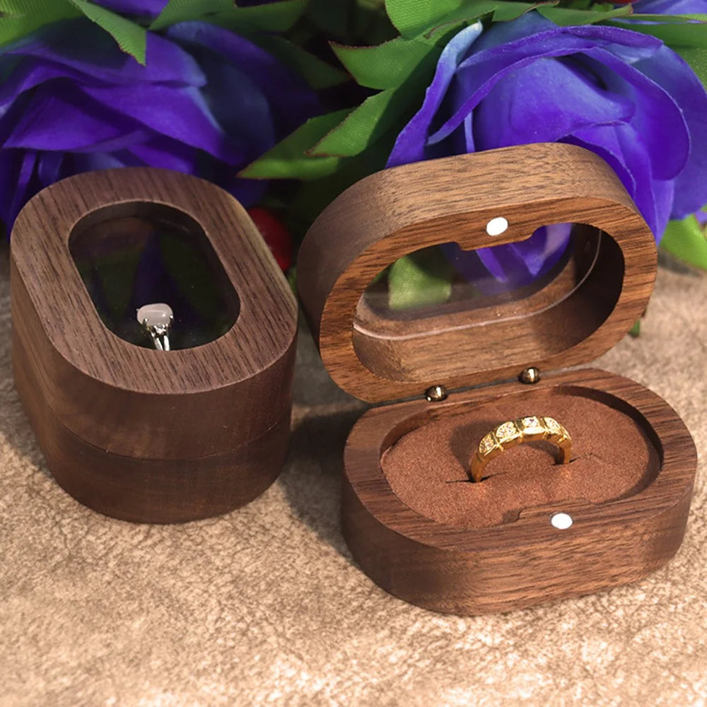 Solid Wood Walnut Ring Box Jewelry Storage Oval Transparent Window Proposal Wedding Ring Case - Beige  /  Single Ring - 7