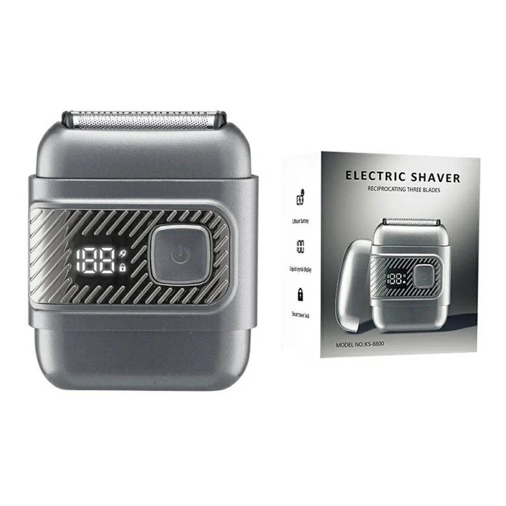Mini Reciprocating Electric Razor Mens Shaver 3-Blade IPX6 Waterproof LED Display Travel Lock - Grey - 1