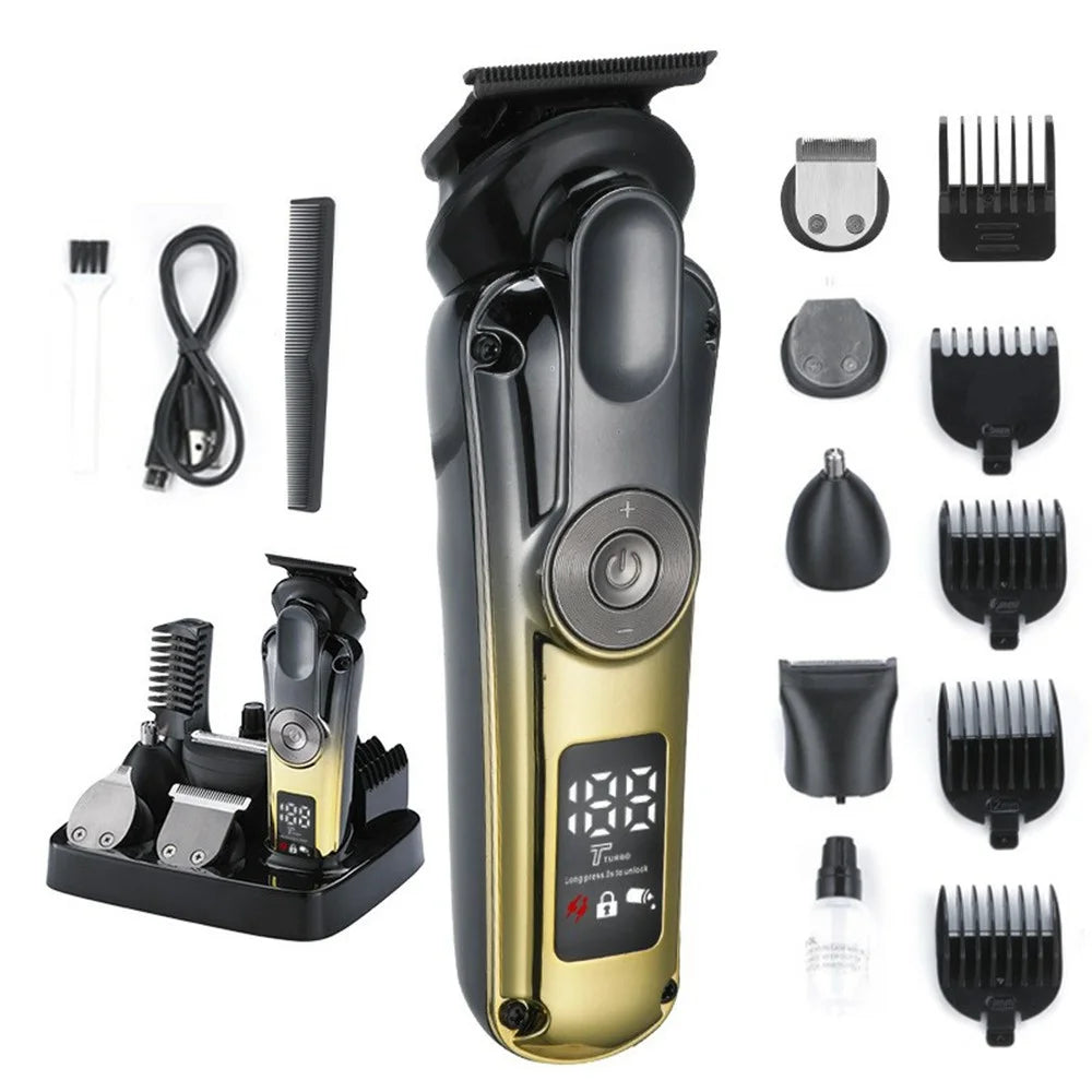 6-in-1 Electric Hair Clipper Set Multi-Function Grooming Kit IPX6 Waterproof LCD Display 1400mAh for Beard Trimming - Gold - 1