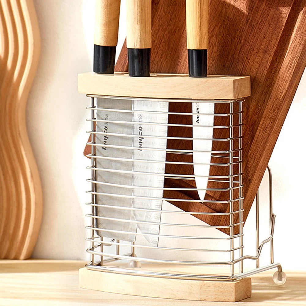 Stainless Steel Oak Knife Block Kitchen Knife Holder Storage Rack with Cutting Board Organizer Stand - 4