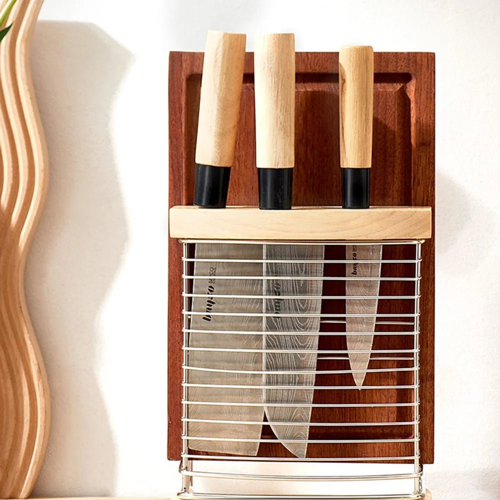 Stainless Steel Oak Knife Block Kitchen Knife Holder Storage Rack with Cutting Board Organizer Stand - 5