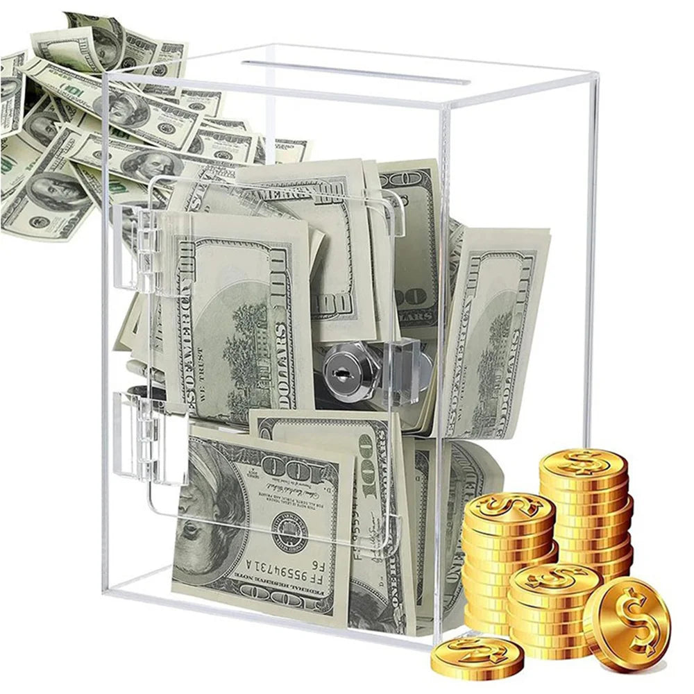 Clear Rectangular Money Box Acrylic Piggy Bank with Lock Key Saving Bank for Adult Kids - Transparent - 2