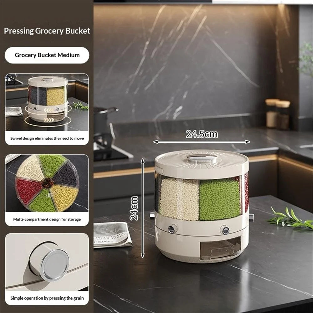 24x24.5cm 6 Compartments Food Storage Container Large Capacity Transparent Pressing Rotating Cereal Rice Grain Dispenser (BPA-Free, NO FDA Certificate) - 2