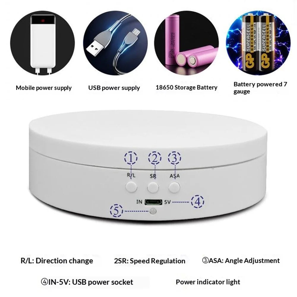 360 Degrees Rotation Adjustable Speed USB Rechargeable 2600mAh Electric Display Stand with Built-in Battery for Jewelry Photography - White - 6