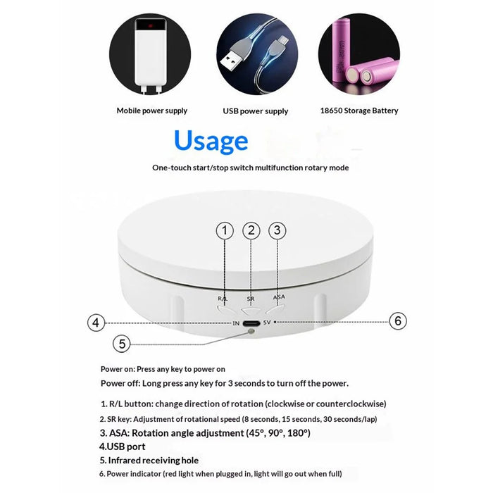 USB Remote Control 360 Degrees Rotating 2600mAh Rechargeable Turntable Display Stand with Built-in Battery for Jewelry Photography - Whit - 6