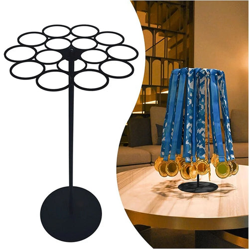 Rotating Medal Display Stand Desktop Metal Holder 15 Hooks 45+ Medals 360° Hanging Rack for Sports Awards - 1