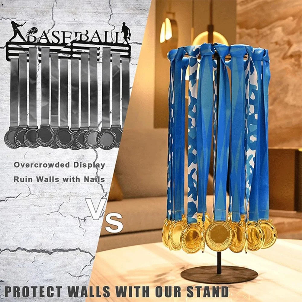 Rotating Medal Display Stand Desktop Metal Holder 15 Hooks 45+ Medals 360° Hanging Rack for Sports Awards - 3