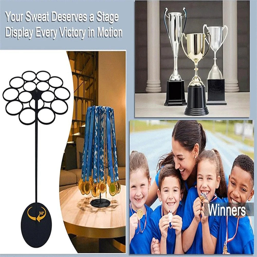 Rotating Medal Display Stand Desktop Metal Holder 15 Hooks 45+ Medals 360° Hanging Rack for Sports Awards - 4