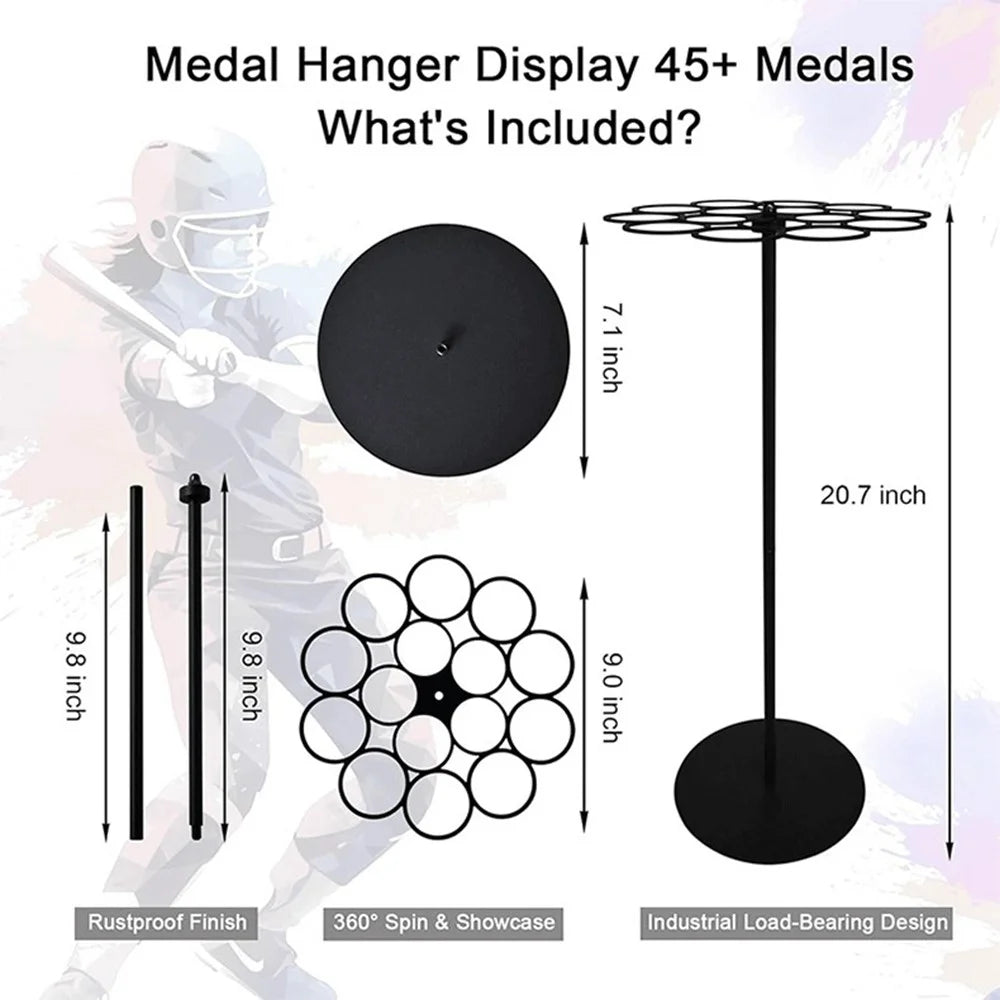 Rotating Medal Display Stand Desktop Metal Holder 15 Hooks 45+ Medals 360° Hanging Rack for Sports Awards - 7