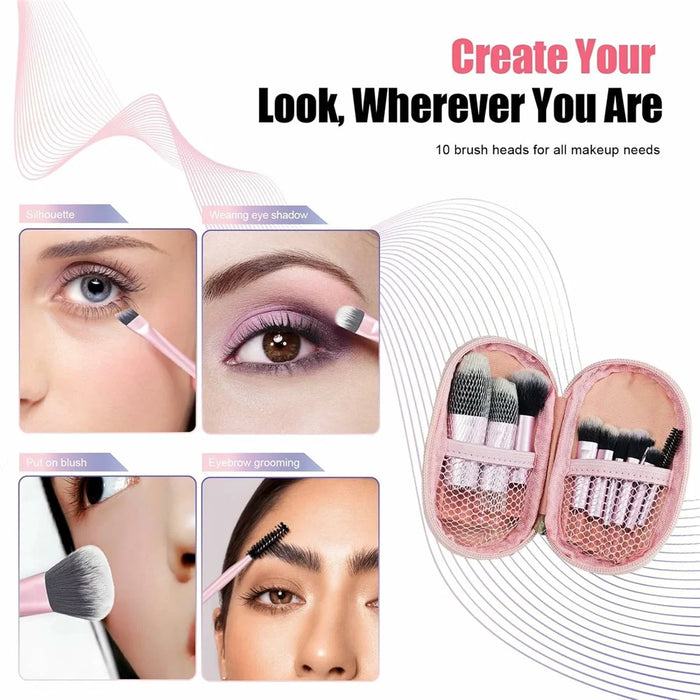 10Pcs Makeup Brushes Set Mini Travel Cosmetic Brush Kit with Portable Bag for Foundation Eyeshadow - Pink  /  Pink - 2
