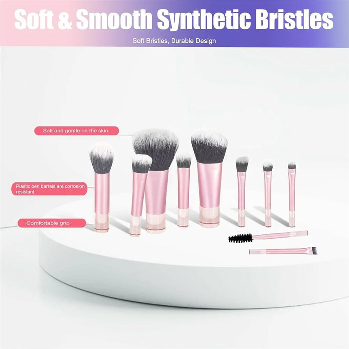10Pcs Makeup Brushes Set Mini Travel Cosmetic Brush Kit with Portable Bag for Foundation Eyeshadow - Pink  /  Pink - 4