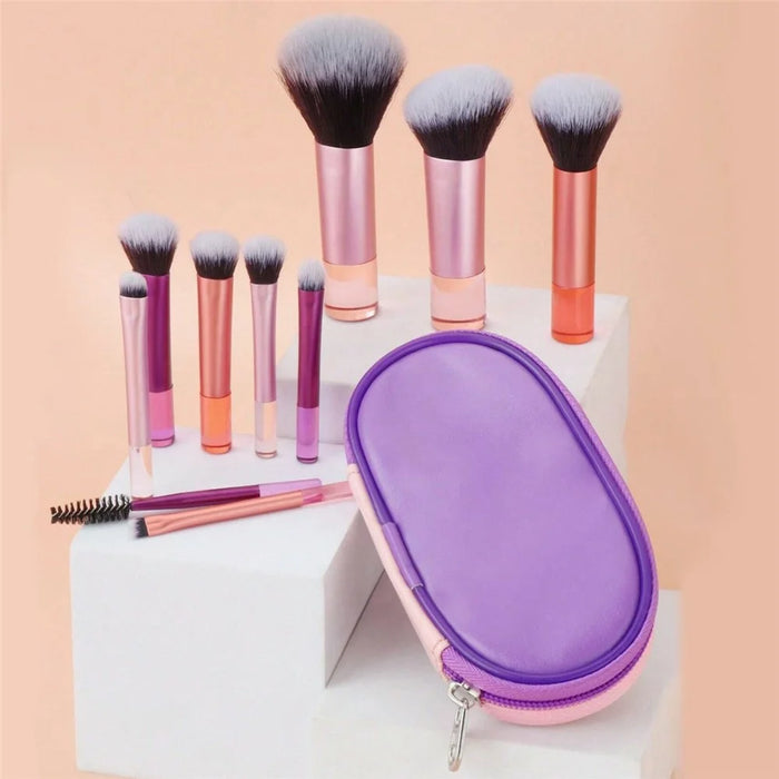 10Pcs Makeup Brushes Set Mini Travel Cosmetic Brush Kit with Portable Bag for Foundation Eyeshadow - Pink  /  Pink - 7