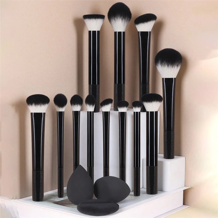 12Pcs Makeup Cosmetic Brush Set with 3 Puff Sponges Professional Long Handle Beauty Tools for Foundation Powder - Black - 1