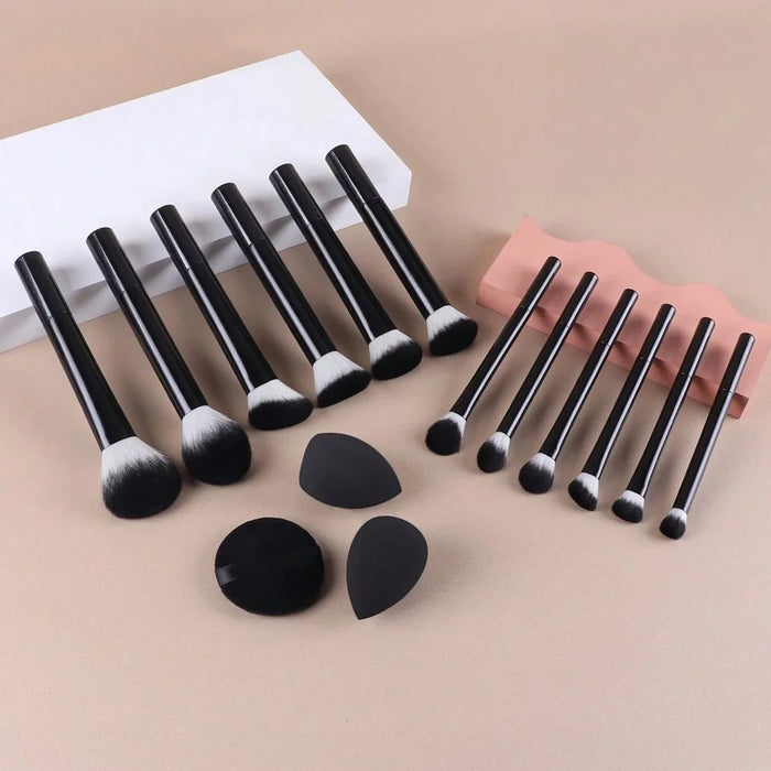 12Pcs Makeup Cosmetic Brush Set with 3 Puff Sponges Professional Long Handle Beauty Tools for Foundation Powder - Black - 3