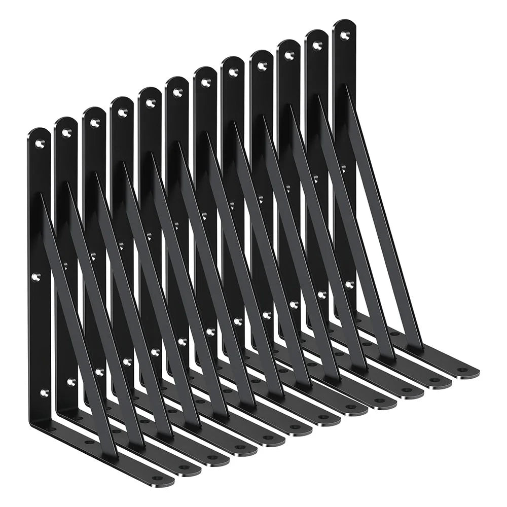 12Pcs 15x9.5cm Metal Wall Shelf Brackets L Shaped Triangular Heavy Duty Support for Kitchen Bedroom - Black - 1