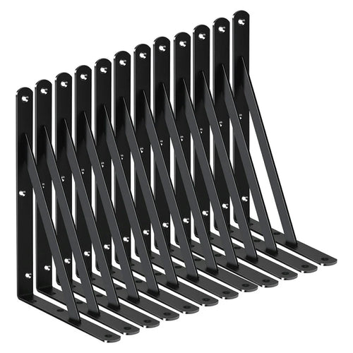 12Pcs 50x30cm Metal Wall Shelf Brackets Heavy Duty L-Shaped Triangular Support for Home DIY Storage - Black - 1