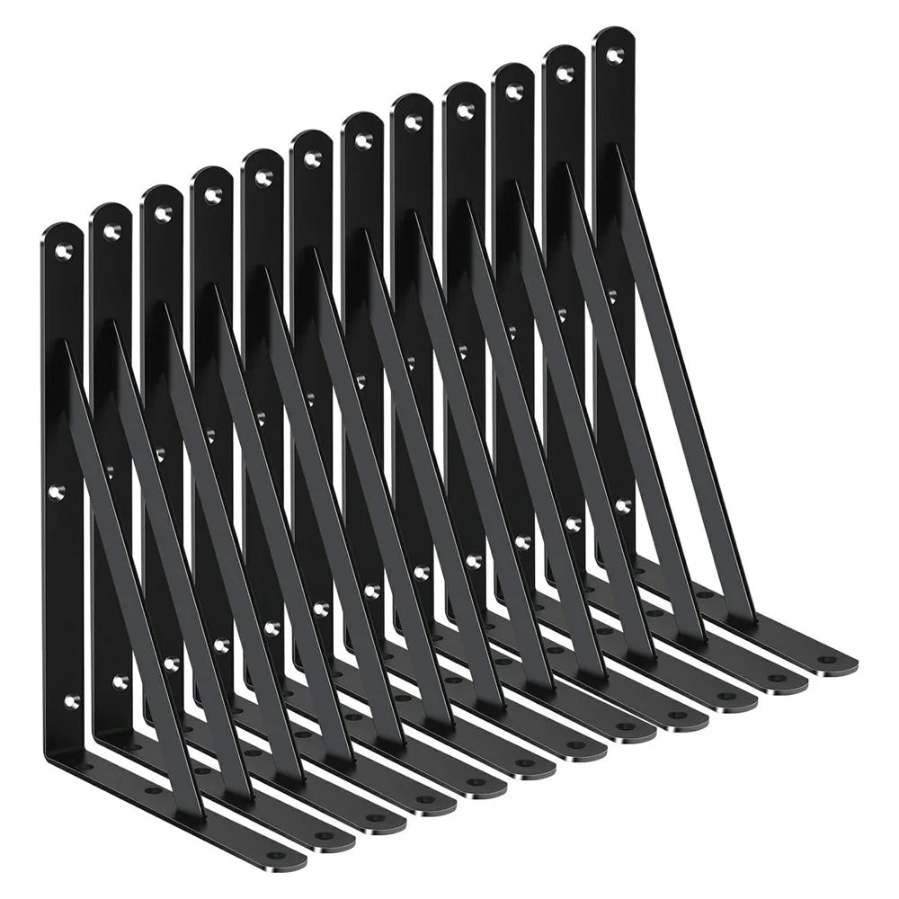 12Pcs 50x30cm Metal Wall Shelf Brackets Heavy Duty L-Shaped Triangular Support for Home DIY Storage - Black - 1