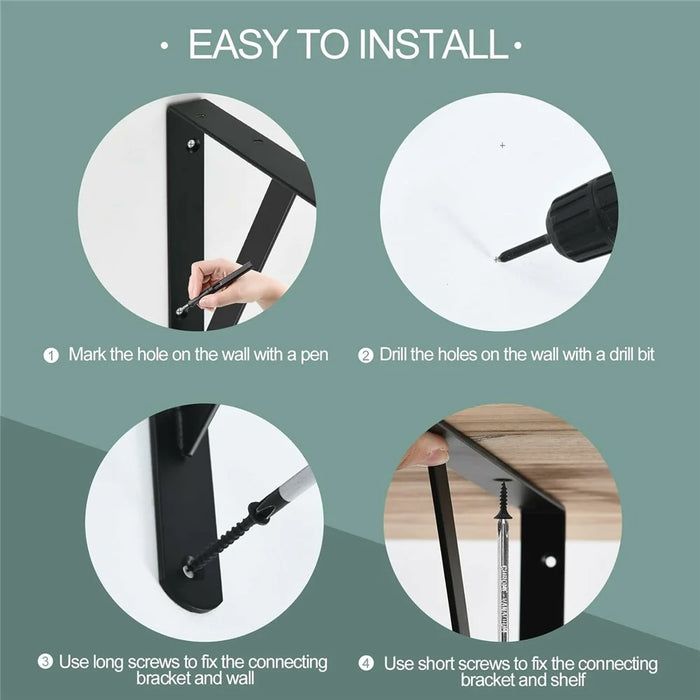 12Pcs 50x30cm Metal Wall Shelf Brackets Heavy Duty L-Shaped Triangular Support for Home DIY Storage - Black - 3