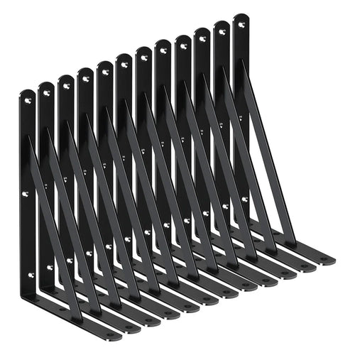 12Pcs 25x16cm Metal Wall Shelf Brackets Triangle Heavy Duty L-Shaped Support Bracket for Kitchen Garage - Black - 1