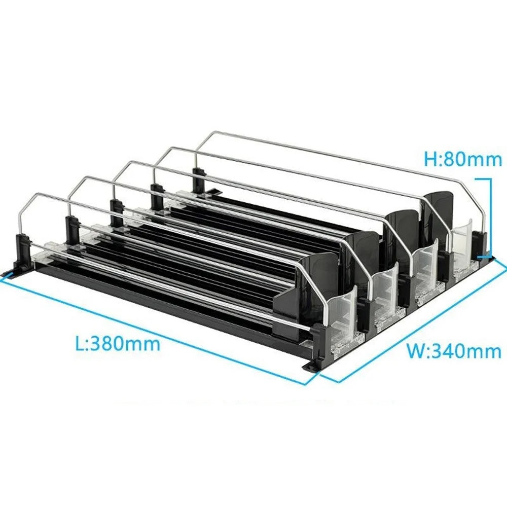 380mm 4 Rows Fridge Drink Organizer Auto Push Spring Slide Rail Beverage Automatic Drink Dispenser for Can Storage - Black - 1