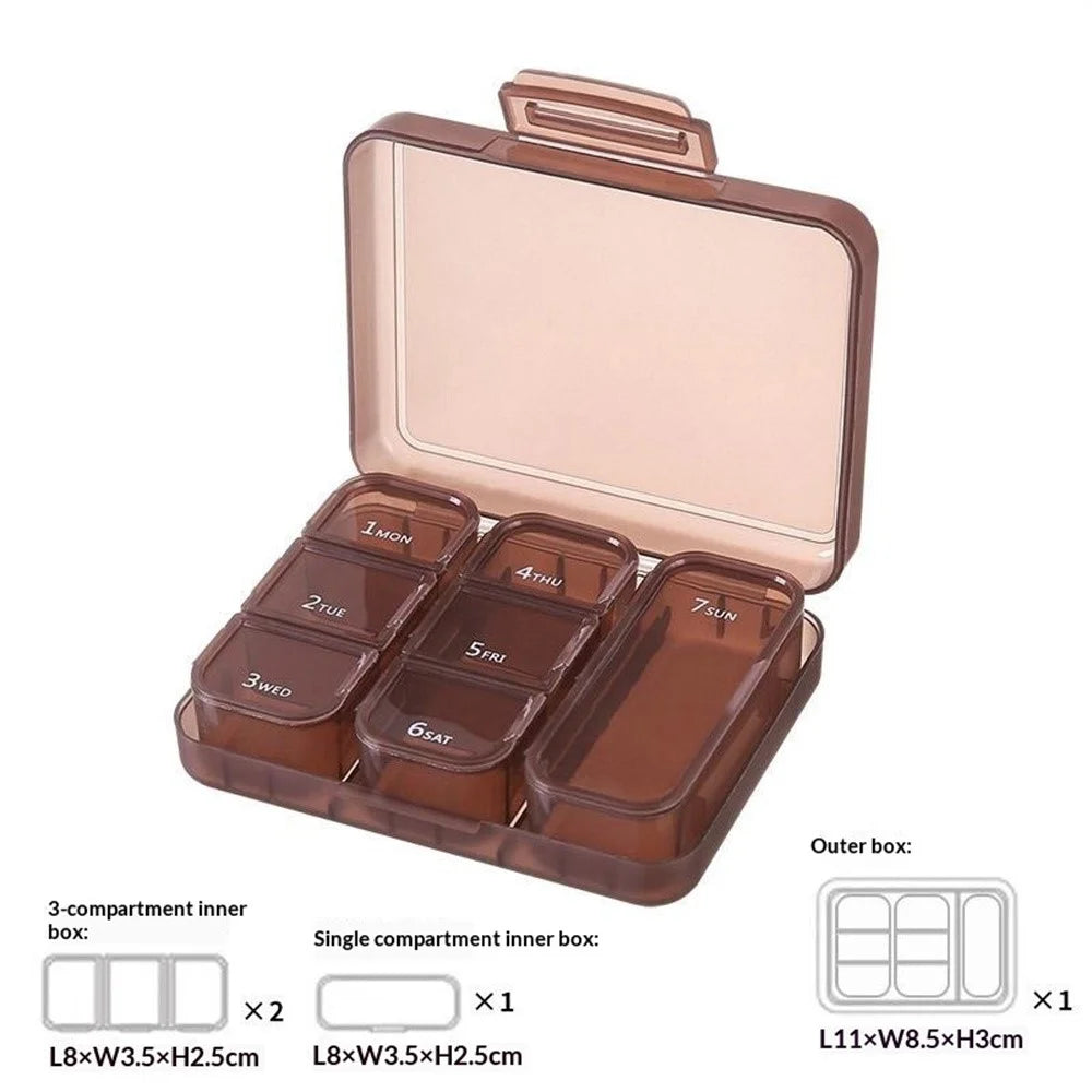 7 Days Weekly 7 Compartments Pill Organizer Box Portable Medicine Storage Case for Travel (BPA Free, No FDA) - Coffee - 2