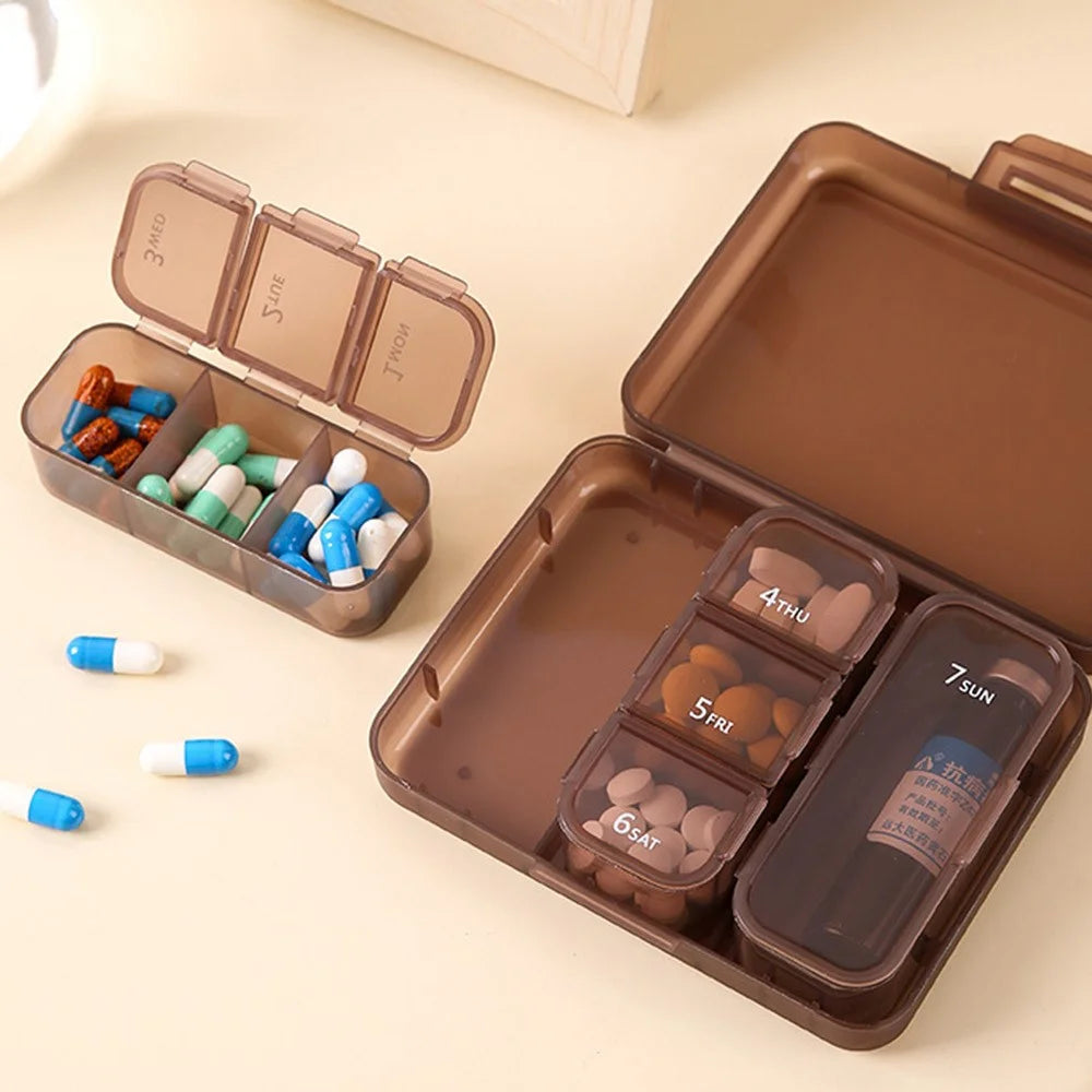 7 Days Weekly 7 Compartments Pill Organizer Box Portable Medicine Storage Case for Travel (BPA Free, No FDA) - Coffee - 7