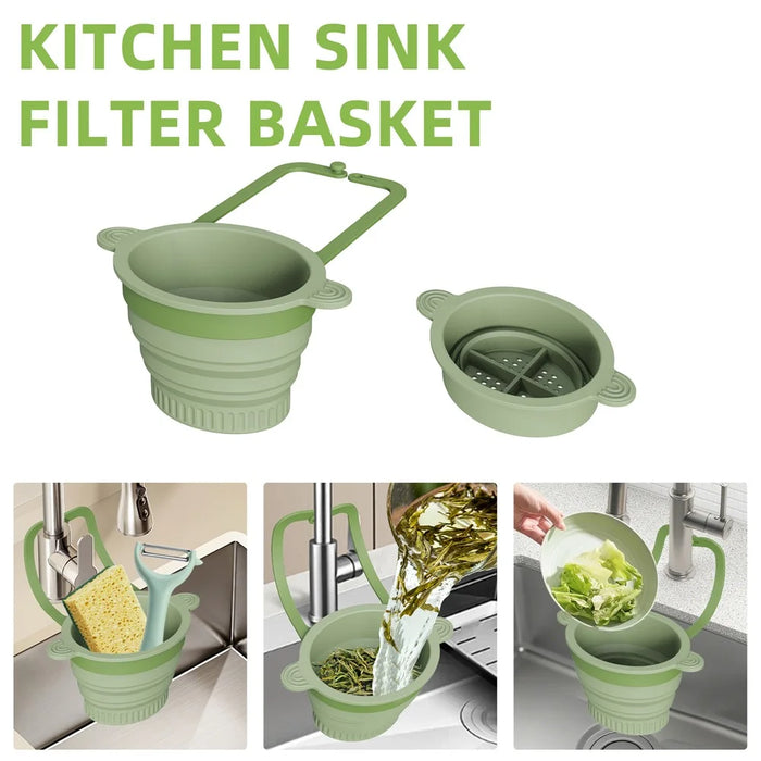 Kitchen Sink Filter Basket Foldable Collapsible Silicone Strainer Food Waste Collector Drain Basket - Green - 2