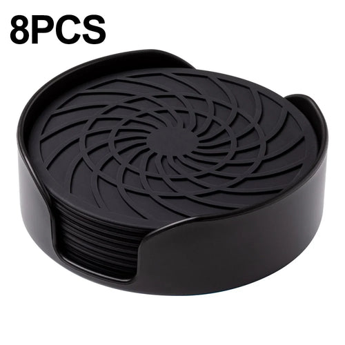 8Pcs 10cm FDA Certified Round Silicone Coasters Waterproof Non-slip Heat Resistant Cup Mats with Storage Holder - Black - 1