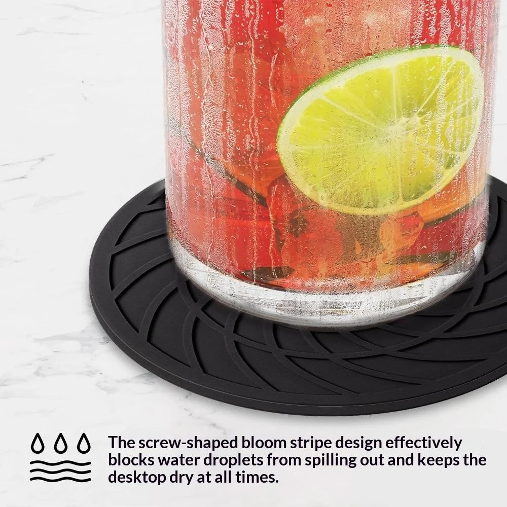 8Pcs 10cm FDA Certified Round Silicone Coasters Waterproof Non-slip Heat Resistant Cup Mats with Storage Holder - Black - 6
