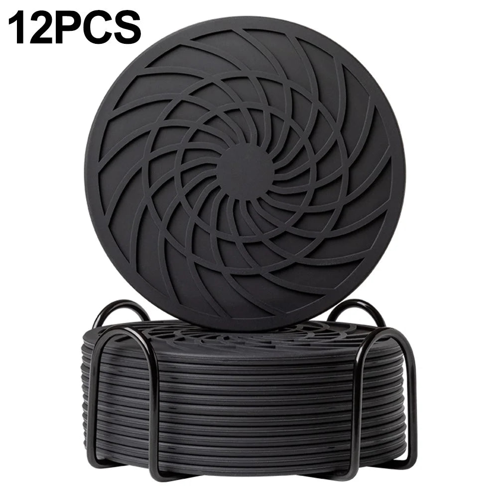 12Pcs 10cm FDA Certified Silicone Coasters Round with Metal Holder Non-slip Waterproof Heat Resistant for Coffee Tea Cup - Black - 1