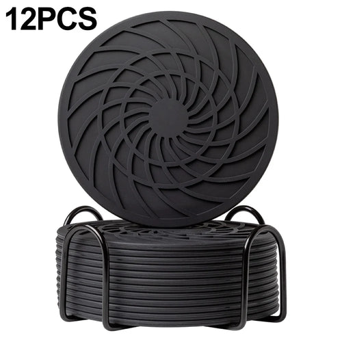 12Pcs 10cm FDA Certified Silicone Coasters Round with Metal Holder Non-slip Waterproof Heat Resistant for Coffee Tea Cup - Black - 1