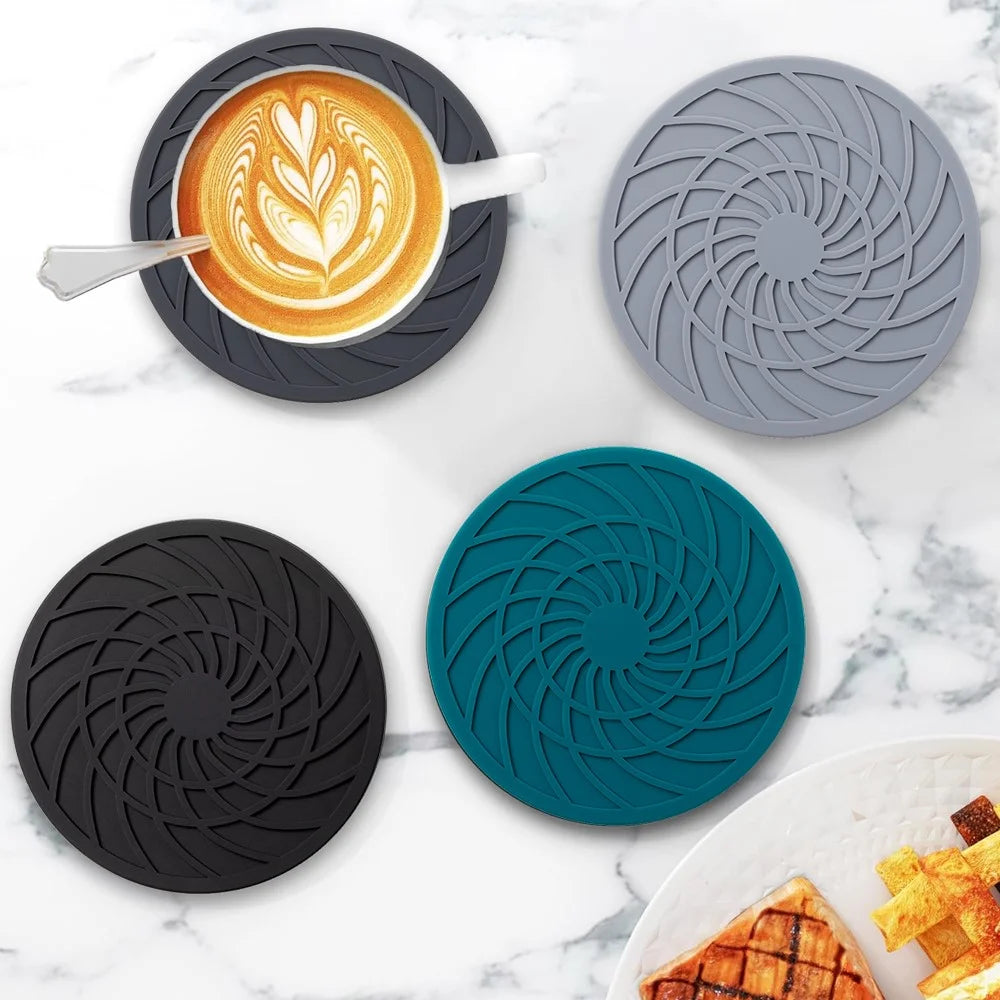 12Pcs 10cm FDA Certified Silicone Coasters Round with Metal Holder Non-slip Waterproof Heat Resistant for Coffee Tea Cup - Black - 5