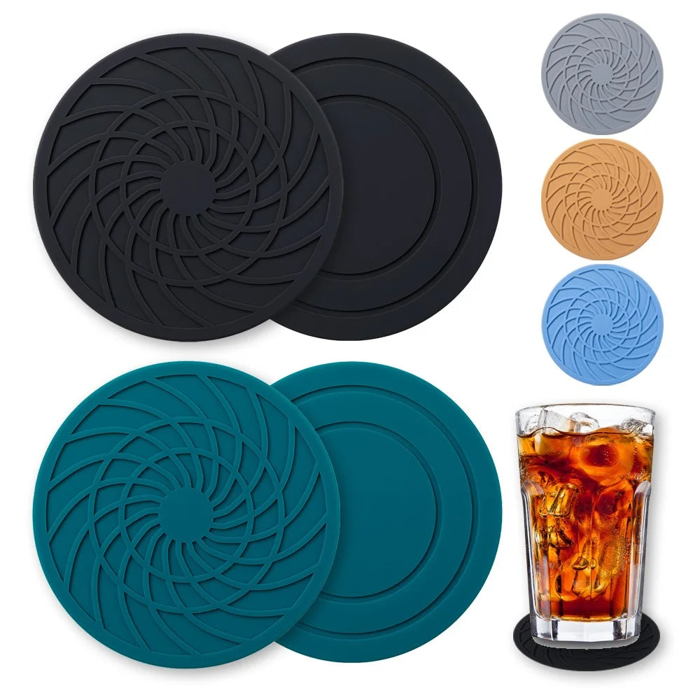 12Pcs 10cm FDA Certified Silicone Coasters Round with Metal Holder Non-slip Waterproof Heat Resistant for Coffee Tea Cup - Black - 6