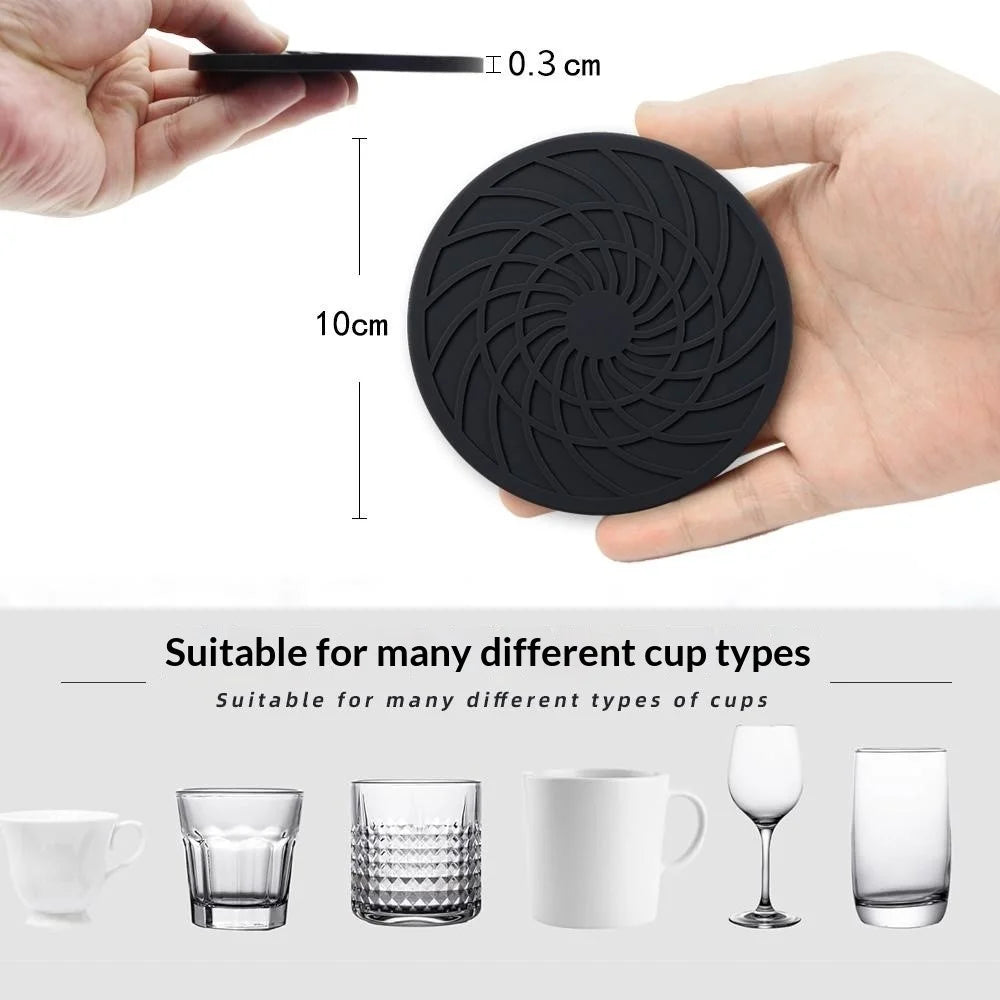 12Pcs 10cm FDA Certified Silicone Coasters Round with Metal Holder Non-slip Waterproof Heat Resistant for Coffee Tea Cup - Black - 7