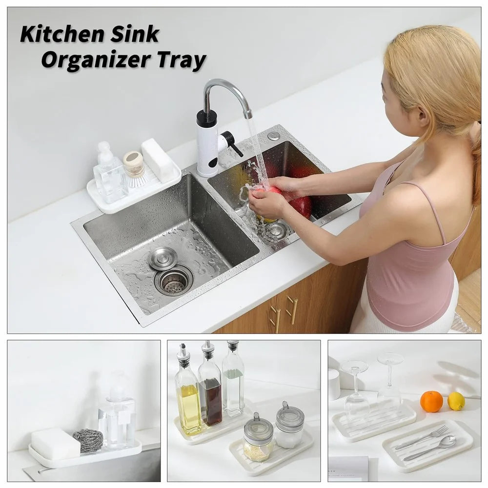 Silicone Draining Tray Rectangular Kitchen Sink Organizer Mat Non-Slip Raised Lines Waterproof for Bathroom - White - 2