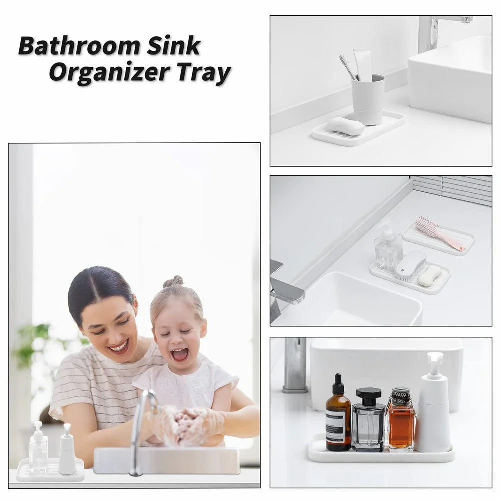 Silicone Draining Tray Rectangular Kitchen Sink Organizer Mat Non-Slip Raised Lines Waterproof for Bathroom - White - 3