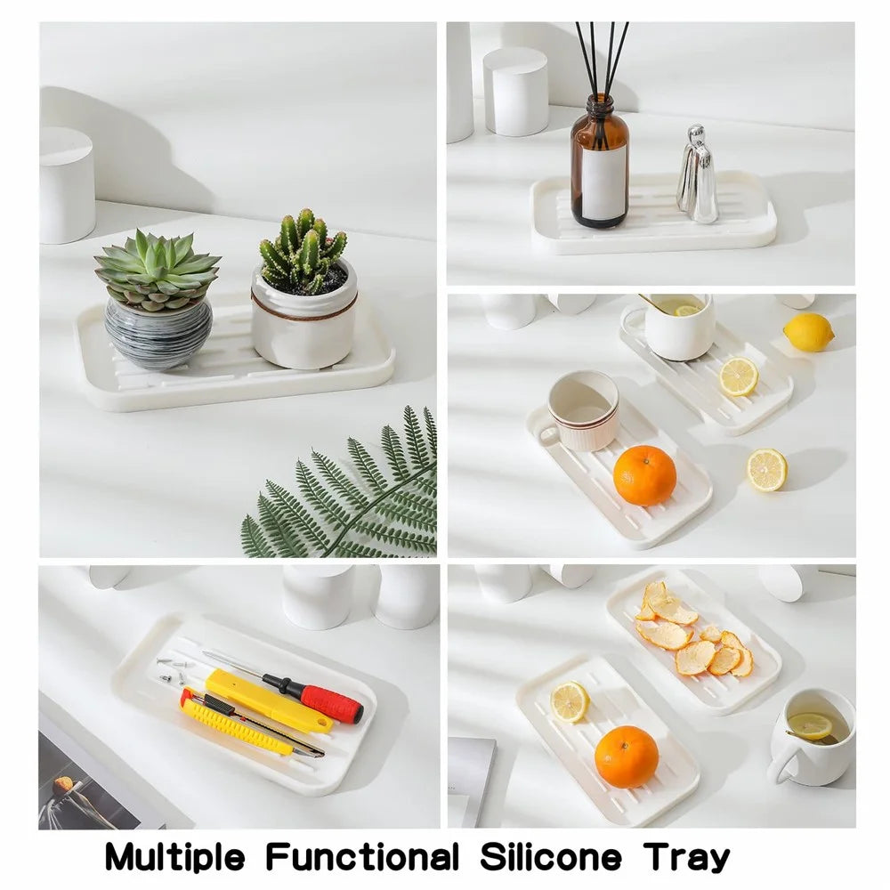 Silicone Draining Tray Rectangular Kitchen Sink Organizer Mat Non-Slip Raised Lines Waterproof for Bathroom - White - 4