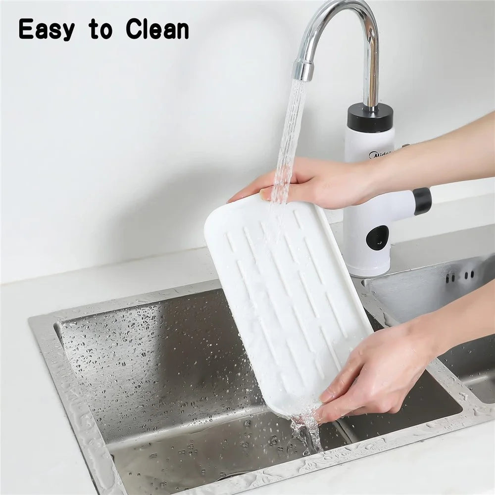 Silicone Draining Tray Rectangular Kitchen Sink Organizer Mat Non-Slip Raised Lines Waterproof for Bathroom - White - 6