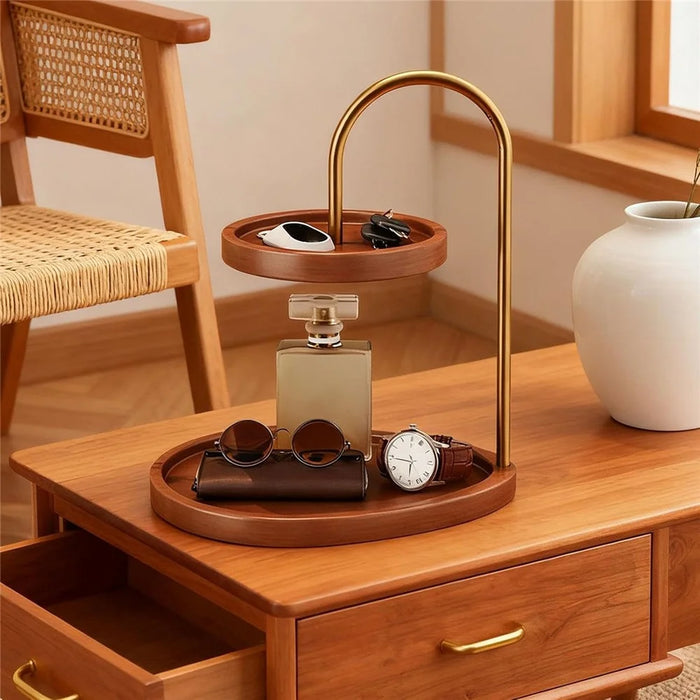 2-Tier Bamboo Jewelry Organizer Tray with Metal Stand Desktop Display Holder for Perfume - 2