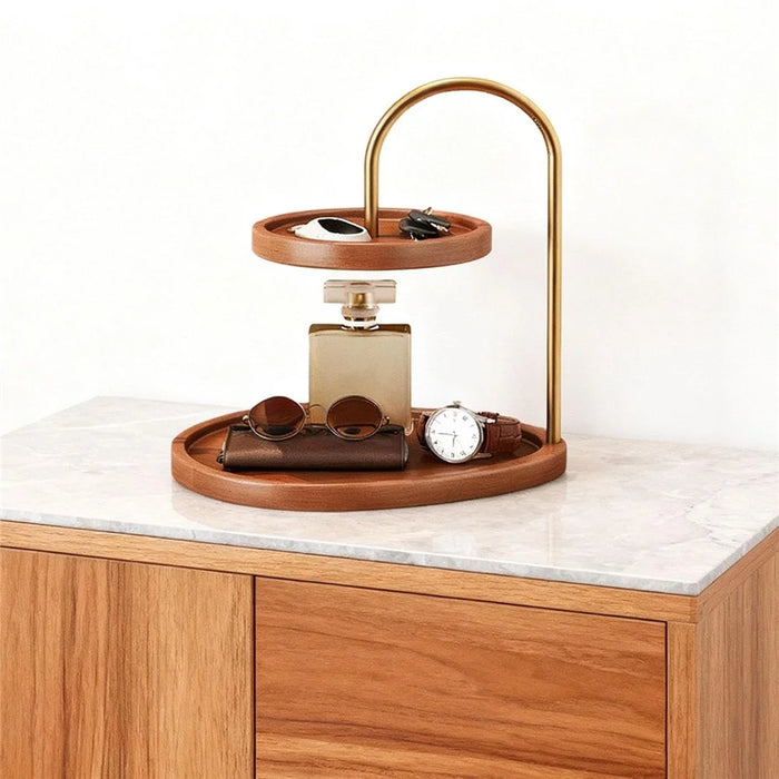 2-Tier Bamboo Jewelry Organizer Tray with Metal Stand Desktop Display Holder for Perfume - 3