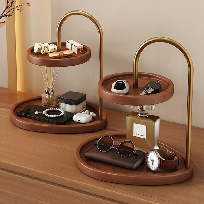 2-Tier Bamboo Jewelry Organizer Tray with Metal Stand Desktop Display Holder for Perfume - 4